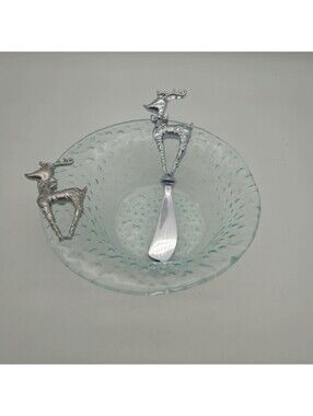 Mud Pie Teal Glass Cheese/Dip Bowl With Spreader Reindeer Motif
